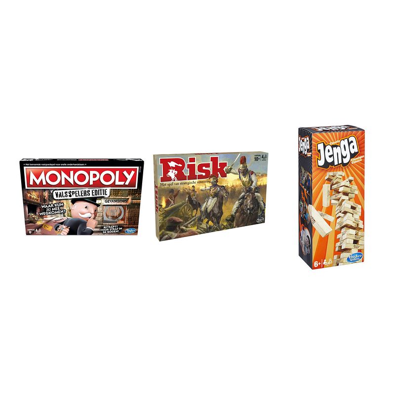 Foto van Spellenbundel - bordspellen - 3 stuks - monopoly valsspelerseditie & risk & jenga