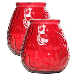 Foto van Set van 2x stuks rode lowboy buiten tafel sfeer kaarsen 10 cm 40 branduren in glas - waxinelichtjes