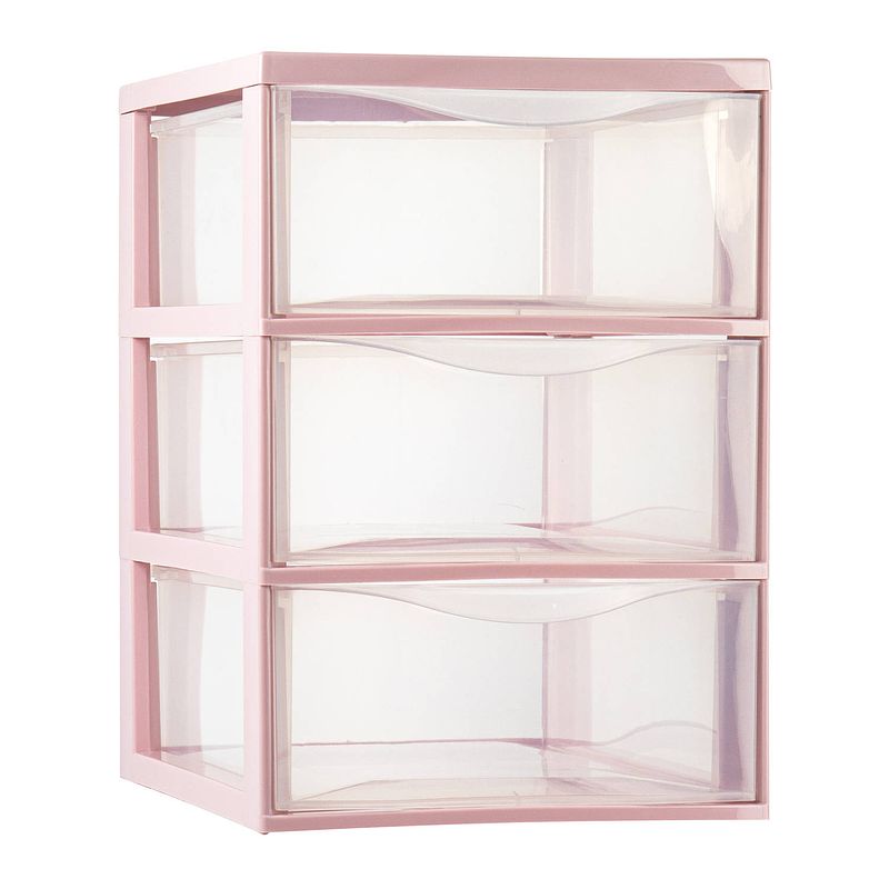 Foto van Plasticforte ladeblokje/bureau organizer 3x lades - transparant/roze - l26 x b37 x h37 cm - ladeblok