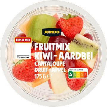 Foto van Jumbo fruitmix kiwi aardbei cantaloupe druif appel 175g aanbieding bij jumbo | 3 voor € 5,00