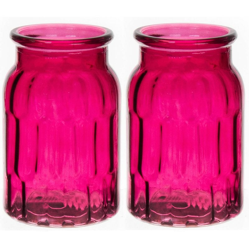 Foto van Bloemenvaas - set van 2x - fuchsia roze - transparant glas - d12 x h18 cm - vazen