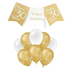 Foto van Paperdreams luxe 30 jaar feestversiering set - ballonnen & vlaggenlijnen - wit/goud - feestpakketten