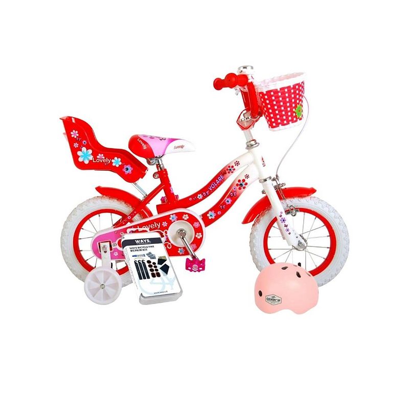 Foto van Volare kinderfiets lovely - 12 inch - rood/wit - inclusief fietshelm + accessoires