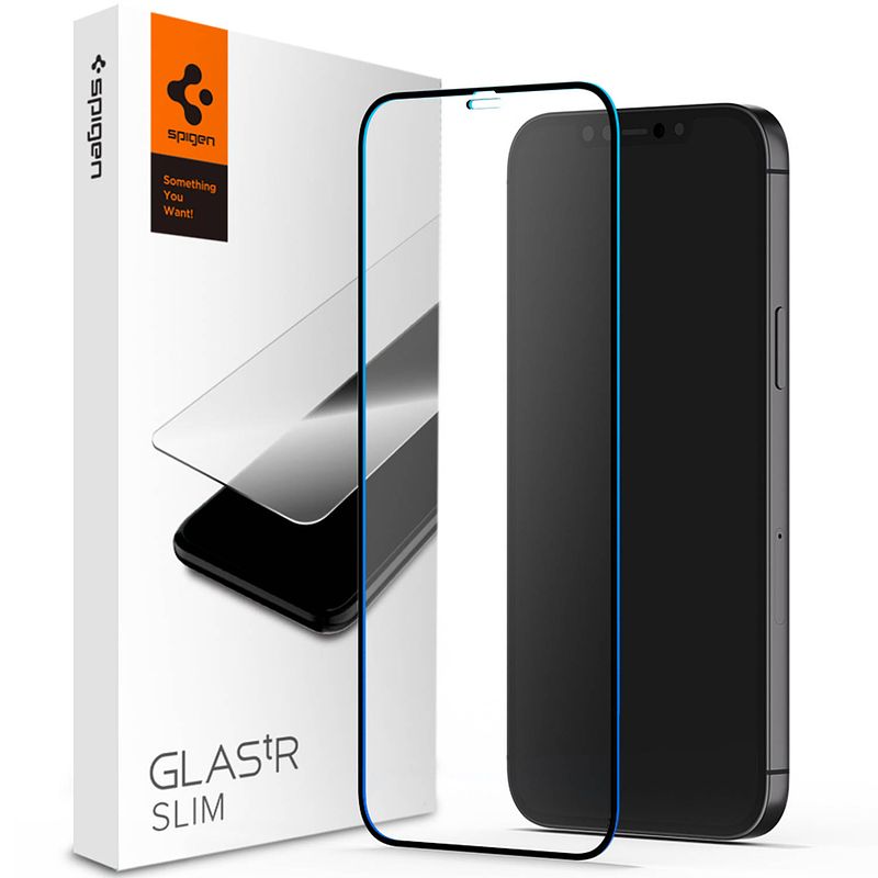 Foto van Spigen glastr screenprotector voor de iphone 12 pro max - zwart