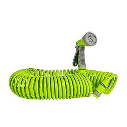 Foto van Flexibele spiraal tuinslang groen met sproeikop 15 meter - tuinslangen