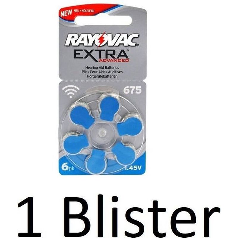 Foto van 6 stuks (1 blister a 6st) rayovac 675 extra advanced gehoorapparaat batterijen - blauw