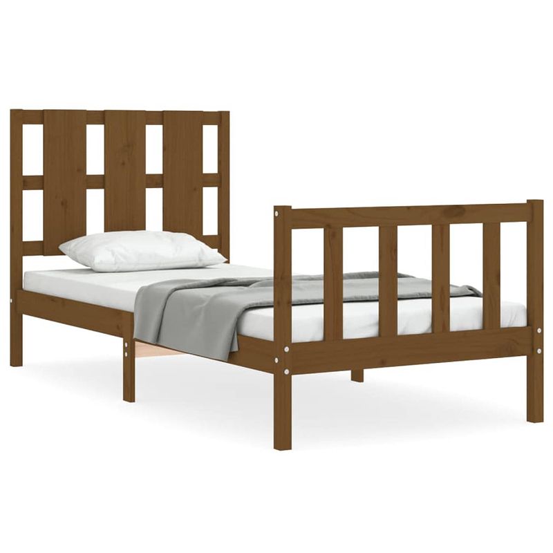 Foto van The living store massief grenenhouten bedframe - honingbruin - 195.5 x 95.5 x 100 cm - multiplex lattenbodem