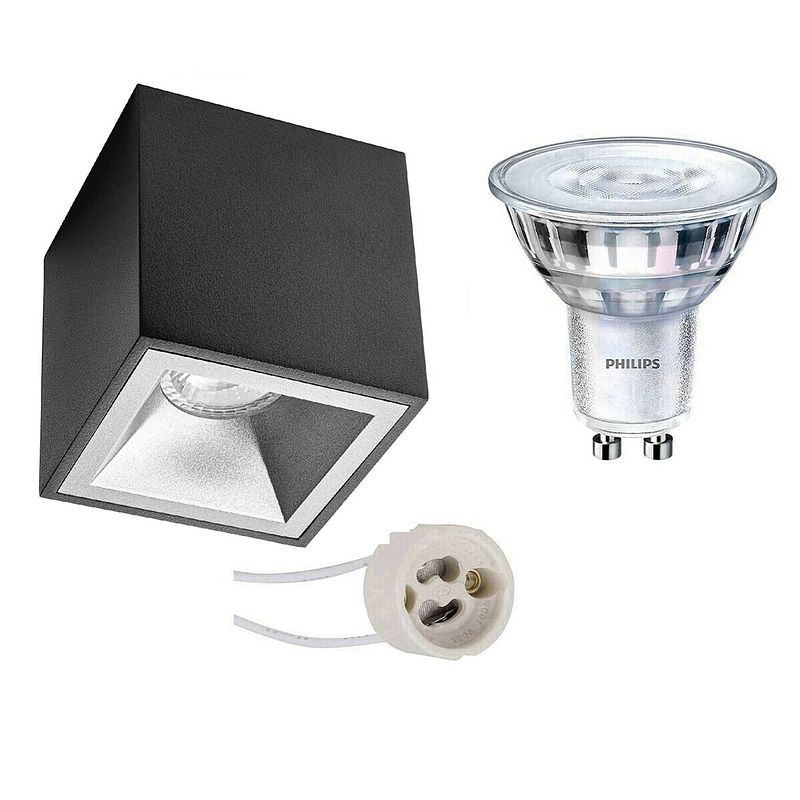 Foto van Opbouwspot set - pragmi cliron pro - gu10 fitting - opbouw vierkant - mat zwart/zilver - verdiept - 90mm - philips -