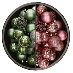 Foto van 74x stuks kunststof kerstballen mix van salie groen en oudroze 6 cm - kerstbal