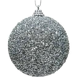 Foto van 1x kerstballen zilveren glitters 8 cm met kralen kunststof kerstboom versiering/decoratie - kerstbal