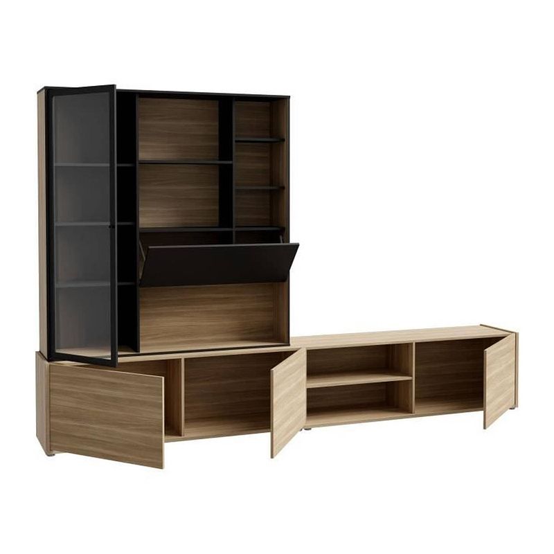 Foto van Suspended wall tv cabinet ulezza: 3 -door tv -kast + etagere - verlichting inbegrepen - zwart en eiken decor - l304 x d4