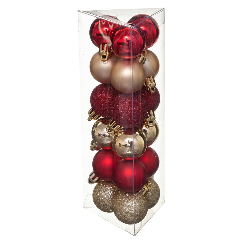 Foto van 18x stuks kerstballen rood/goud glans en mat kunststof 3 cm - kerstbal