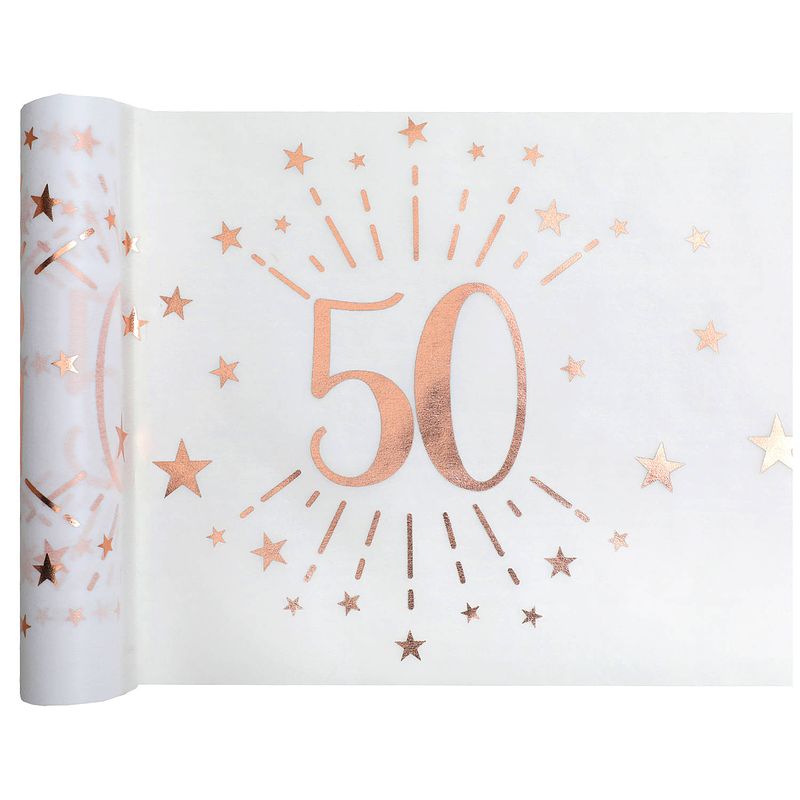 Foto van Tafelloper op rol - 2x - 50 jaar verjaardag - wit/rose goud - 30 x 500 cm - polyester - feesttafelkleden