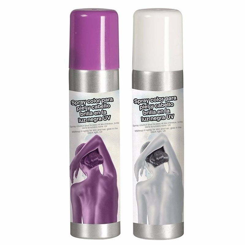 Foto van Guirca haarspray/bodypaint spray - 2x kleuren - wit en paars - 75 ml - verkleedhaarkleuring