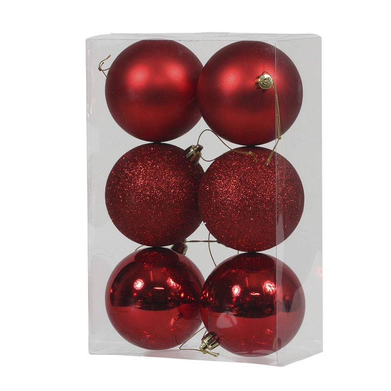 Foto van 6x rode kunststof kerstballen 8 cm glans/mat/glitter - kerstbal