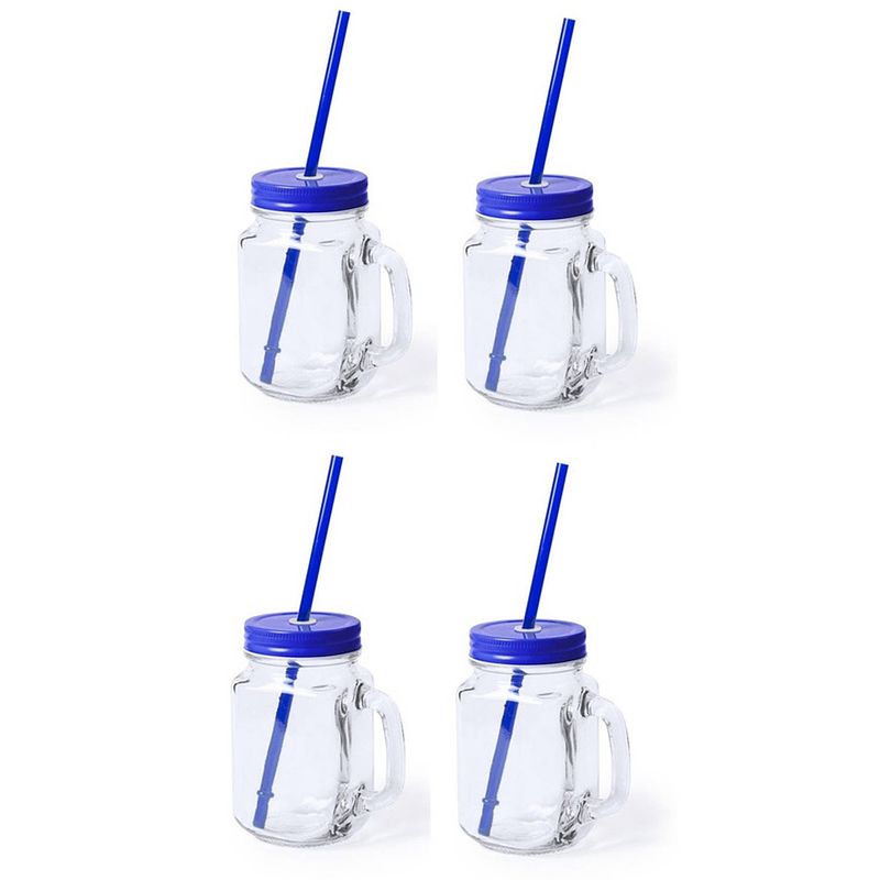 Foto van 4x stuks drink potjes van glas mason jar blauwe deksel 500 ml - drinkbekers