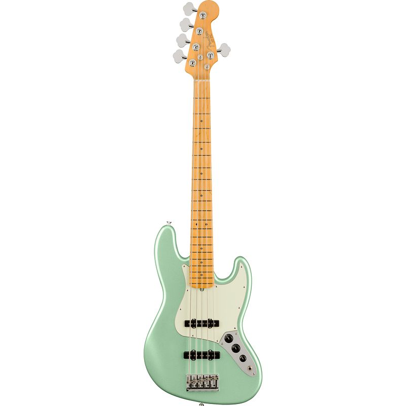 Foto van Fender american professional ii jazz bass v mystic surf green mn 5-snarige elektrische basgitaar met koffer