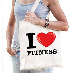 Foto van Katoenen tasje i love fitness wit voor dames en heren - feest boodschappentassen
