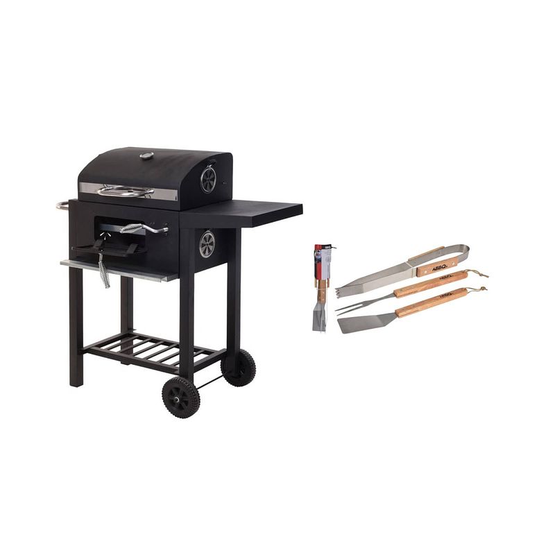 Foto van Vargan houtskool barbecue met tafel en 3-delige bbq toolset - op wielen