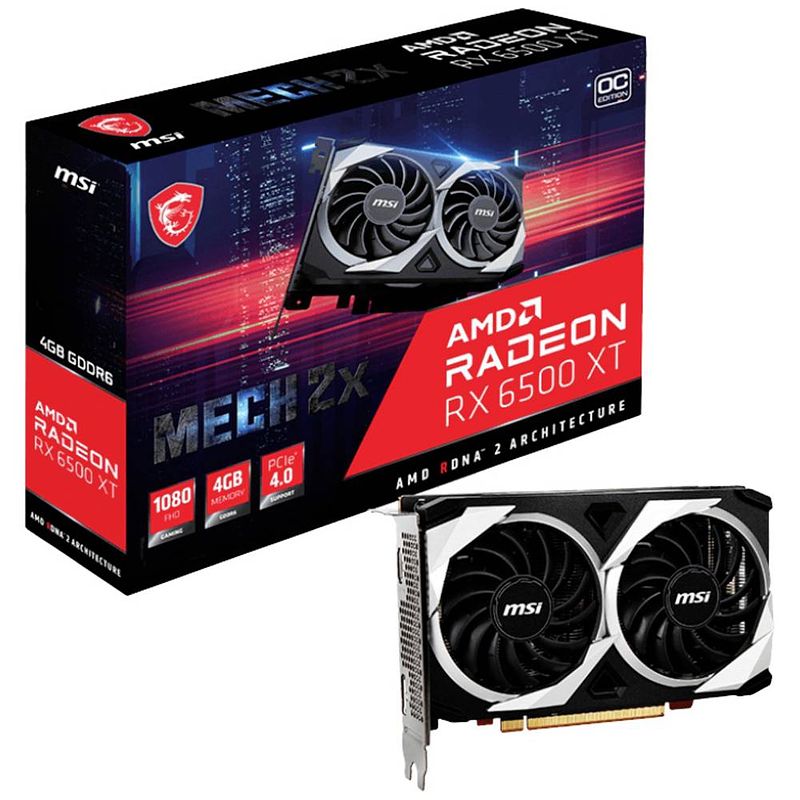 Foto van Msi gaming videokaart amd radeon rx 6500 xt mech 2x overclocked 4 gb gddr6-ram pcie hdmi, displayport amd freesync