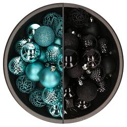 Foto van 74x stuks kunststof kerstballen mix zwart en turquoise blauw 6 cm - kerstbal