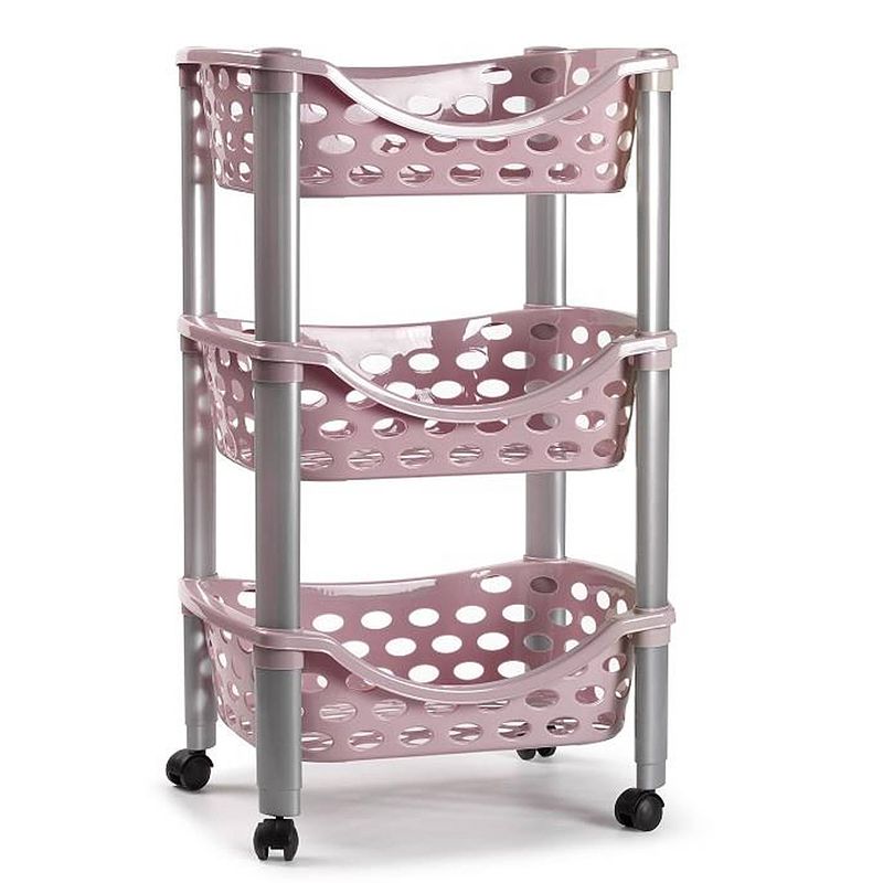 Foto van Keukentrolley/roltafel 3 laags kunststof roze 40 x 65 cm - opberg trolley