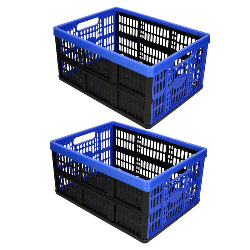 Foto van 2x stuks opvouwbare kratten/inklapbare boodschappen kisten zwart/blauw 48 x 35 x 24 cm - boodschappenkratten