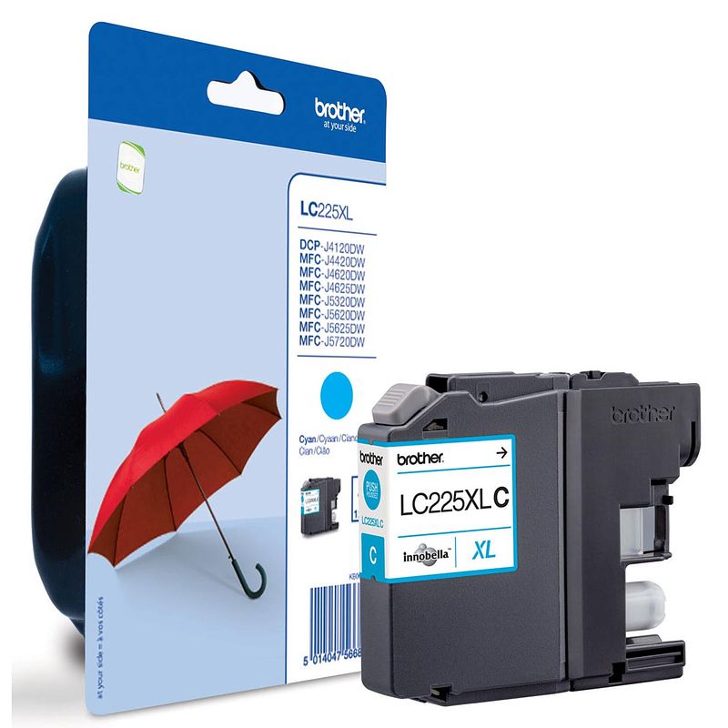 Foto van Brother inktcartridge, 1.200 pagina'ss, oem lc-225xlc, cyaan, op blister 10 stuks