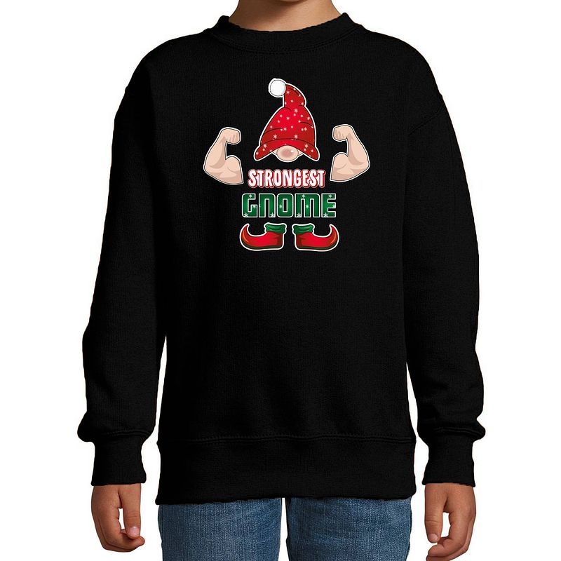 Foto van Bellatio decorations kersttrui/sweater voor jongens - sterkste gnoom - zwart - kerst kabouter 12-13 jaar (152/164) - ker