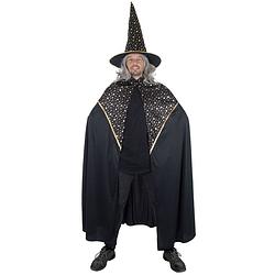 Foto van Funny fashion tovenaars verkleed cape/hoed - volwassenen - zwart met sterren - carnaval kostuum - carnavalskostuums
