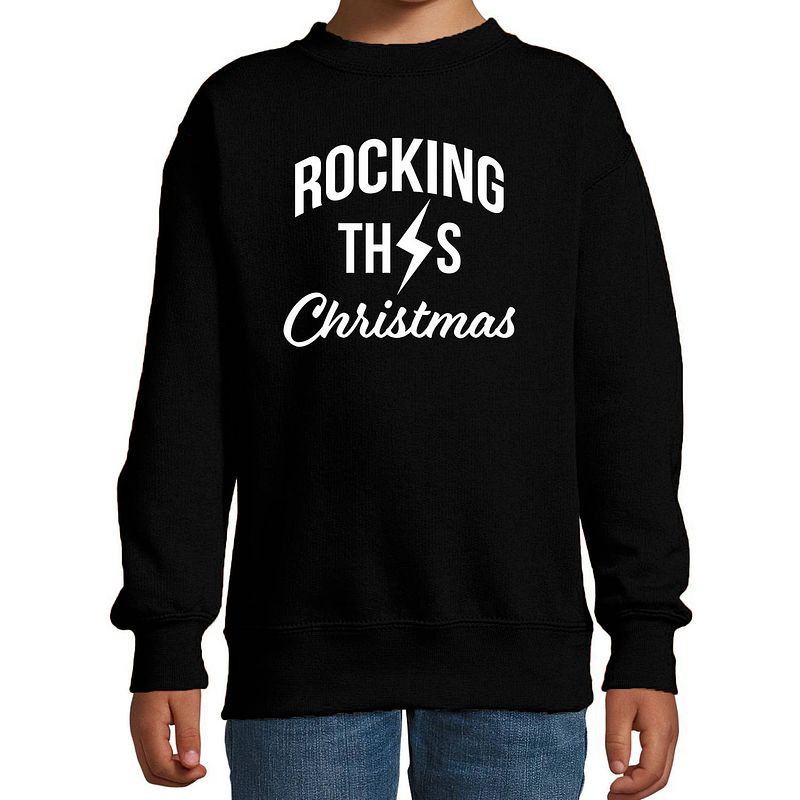 Foto van Rocking this christmas foute kerstsweater / kersttrui zwart voor kinderen 7-8 jaar (122/128) - kerst truien