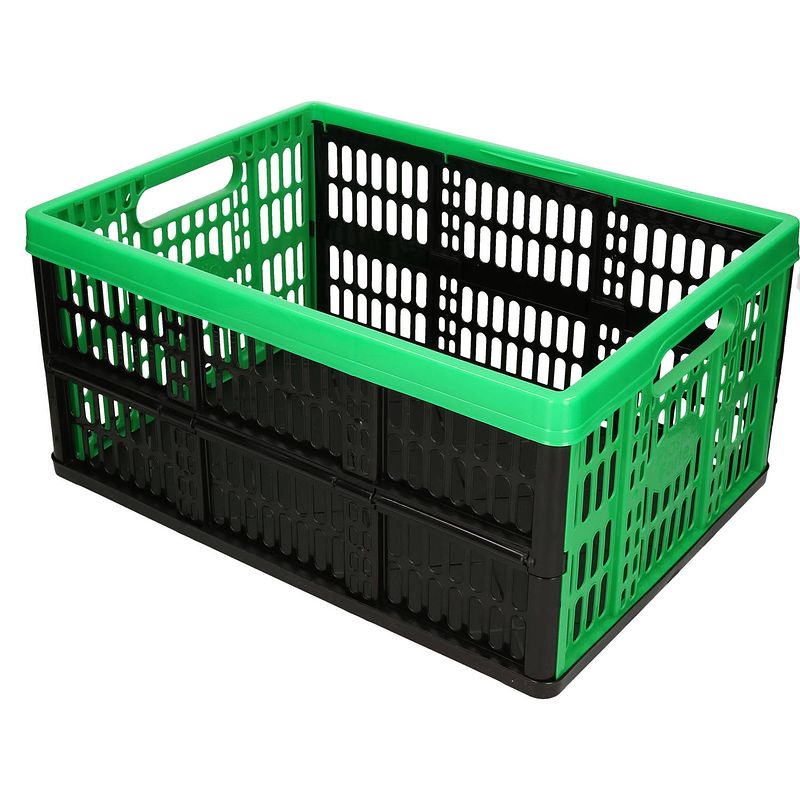 Foto van Opvouwbare kratten/inklapbare boodschappen kisten zwart/groen 48 x 35 x 24 cm - boodschappenkratten