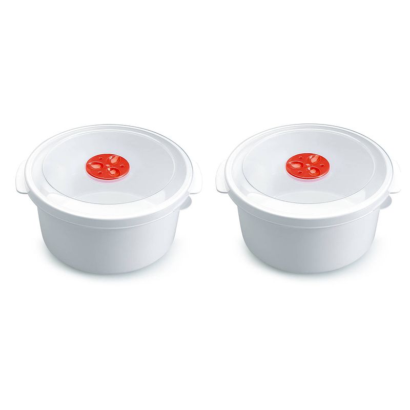 Foto van 2x stuks magnetron voedsel opwarm potjes/bakjes 2 liter met speciale deksel - magnetrondeksel