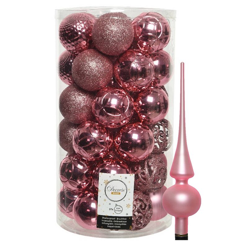 Foto van 37x stuks kunststof kerstballen 6 cm incl. matte glazen piek lippenstift roze - kerstbal