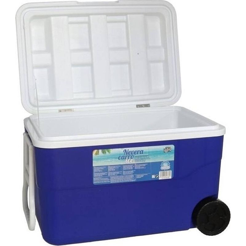 Foto van Gerimport koelbox met wielen 50 liter 64 x 42 cm blauw/wit