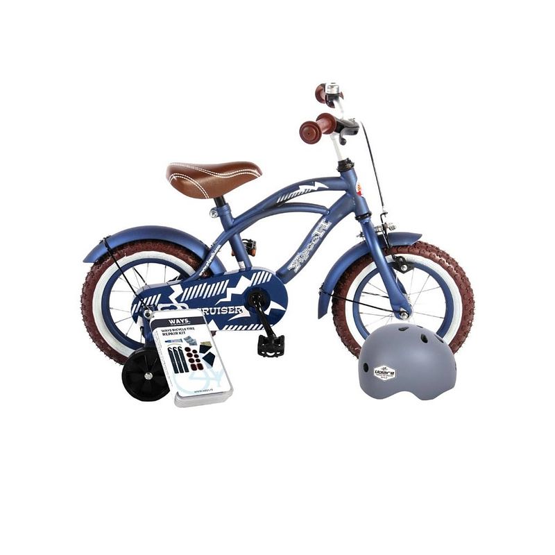 Foto van Volare kinderfiets blue cruiser - 12 inch - blauw - inclusief fietshelm + accessoires