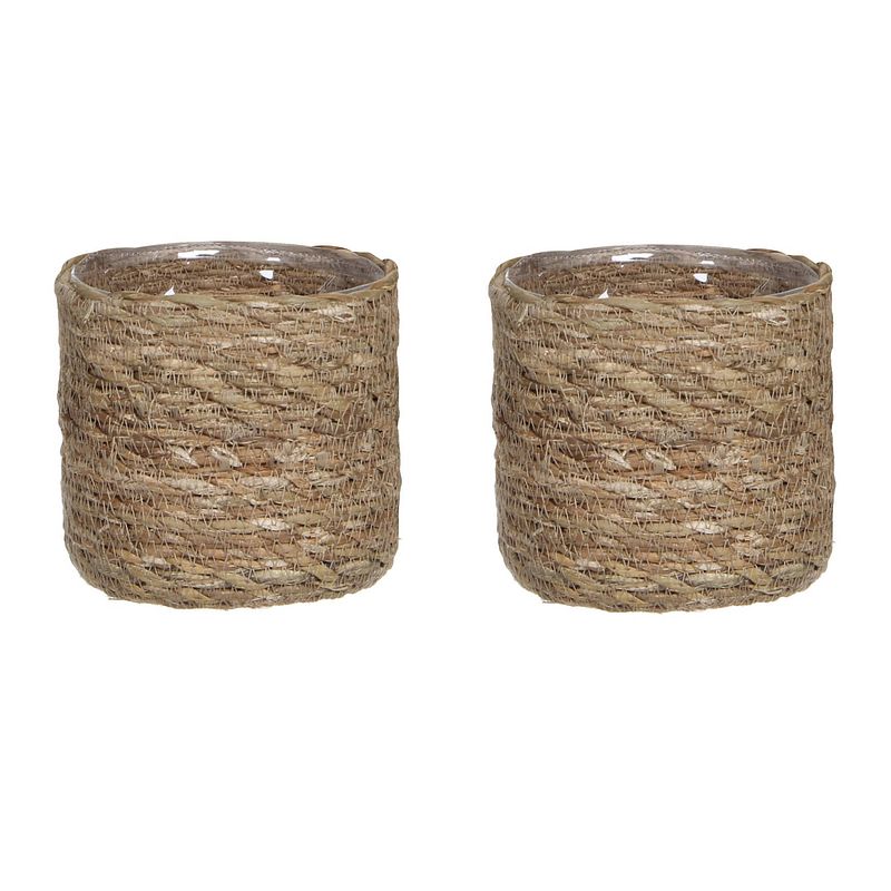 Foto van 2x stuks naturel bruin rotan planten pot mand van gedraaid jute/riet h12 en d12 cm - plantenpotten