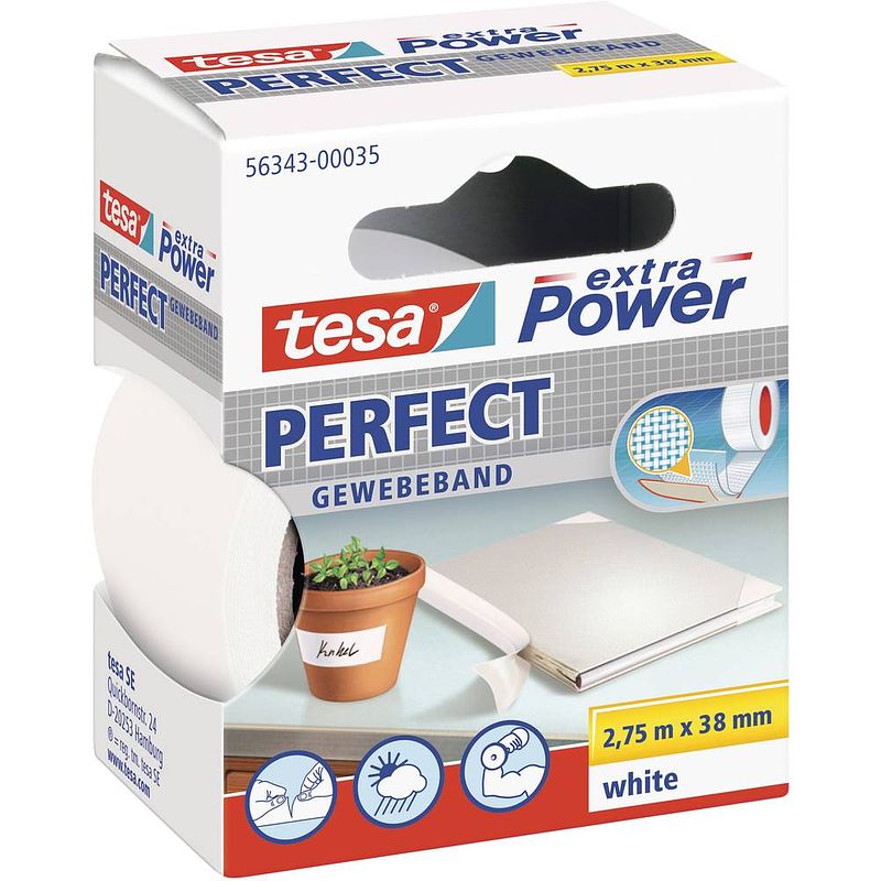 Foto van Tesa perfect 56343-00035-03 textieltape tesa extra power wit (l x b) 2.75 m x 38 mm 1 stuk(s)