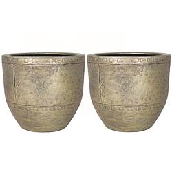 Foto van 2x stuks bloempot/plantenpot van keramiek in het industrieel goud d16 en h14 cm - plantenpotten