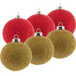 Foto van 6x rood/gouden cotton balls kerstballen decoratie 6,5 cm - kerstbal