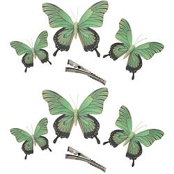Foto van 6x stuks decoratie vlinders op clip - groen - 3 formaten - 12/16/20 cm - hobbydecoratieobject