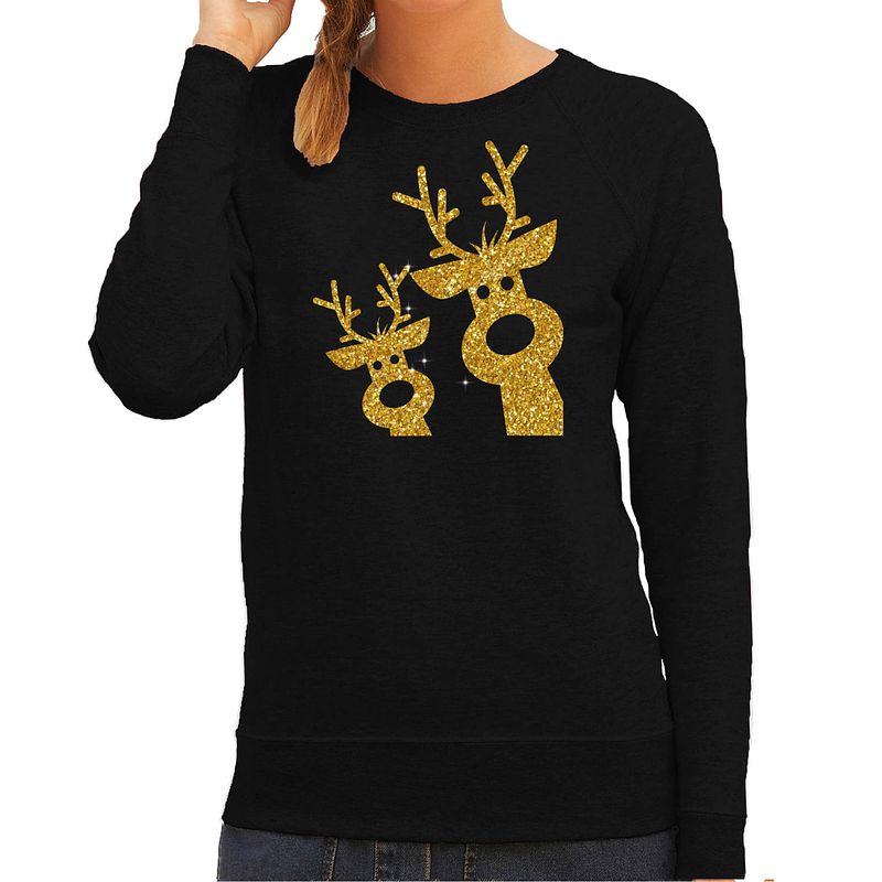 Foto van Bellatio decorations foute kersttrui/sweater voor dames - gouden rendieren - zwart - glitter goud xs - kerst truien