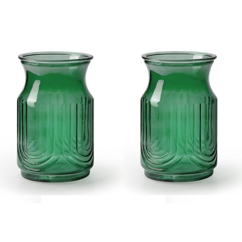 Foto van 2x stuks bloemenvazen - groen/transparant glas - h20 x d12.5 cm - vazen