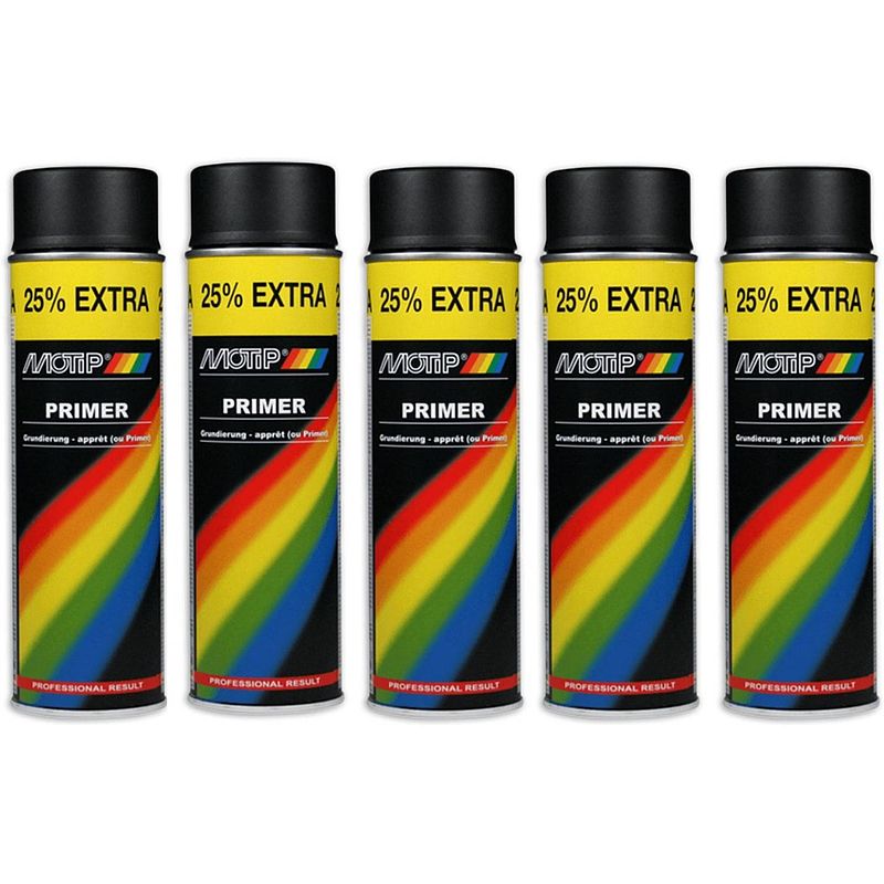 Foto van Motip verf 5 stuks spuitverf primer zwart sneldrogend 500 ml voor metaal , hout, aluminium en steen - 25 % extra