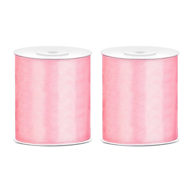 Foto van 2x hobby/decoratie roze satijnen sierlinten 10 cm/100 mm x 25 meter - cadeaulinten