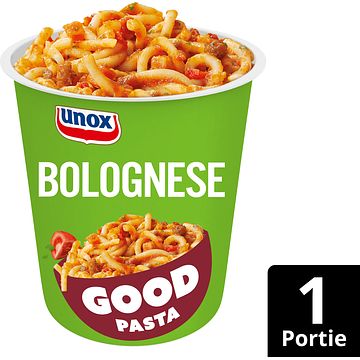 Foto van 2 zakken soep a 570 ml, pakken cupasoup a 3 stuks of single verpakkingen noodles of pasta | unox good pasta bolognese 68g aanbieding bij jumbo