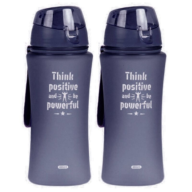 Foto van 2x sport bidon drinkfles/waterfles think positive print grijs 480 ml - drinkflessen