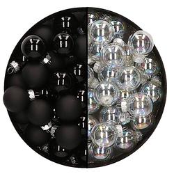 Foto van Mini kerstballen - 48x- transparant parelmoer/zwart - 2,5 cm - glas - kerstbal