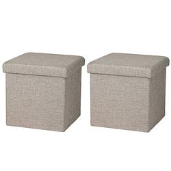 Foto van Urban living poef/hocker - 2x - opbergbox zit krukje - beige - polyester/mdf - 38 x 38 cm - opvouwbaar - poefs