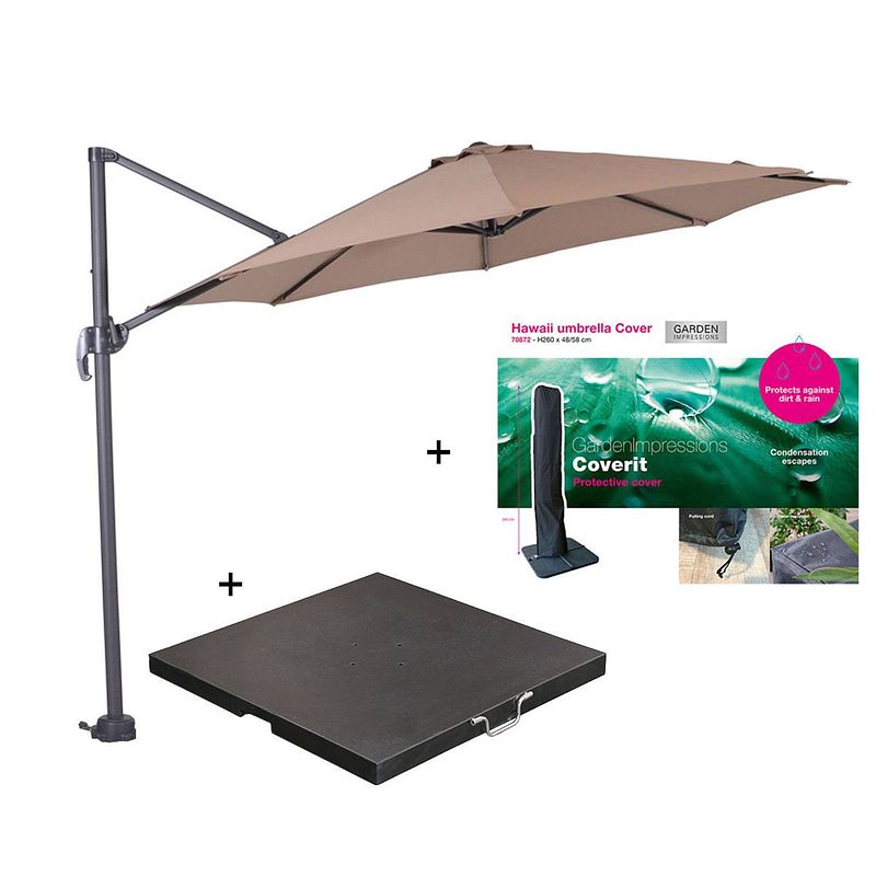 Foto van Garden impressions hawaii zweefparasol s ø300 - donker grijs/taupe met 60 kg parasolvoet en parasolhoes